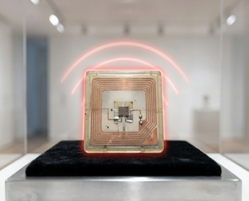 A vintage 1973 Cardullo passive RFID tag displayed on black velvet in a museum case with a modern red signal overlay.