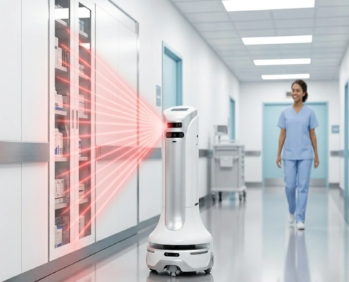 Keonn AdvanRobot using red laser fan-scanning to perform automated RFID inventory in a sterile hospital corridor.