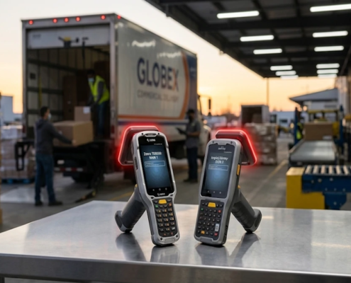 Side-by-side comparison of Zebra and Impinj industrial RFID handheld scanners on a metal shipping dock at dusk.