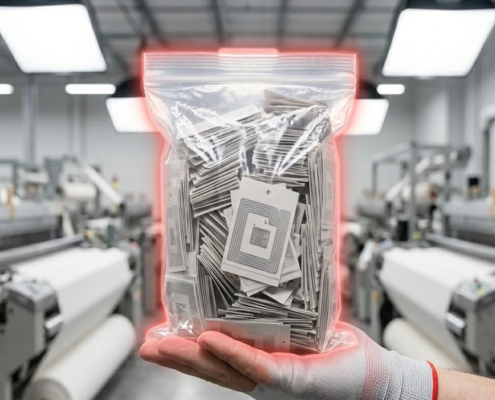 A hand holding a clear bag of hundreds of NXP UCODE RFID apparel tags with a red glowing connectivity pulse.