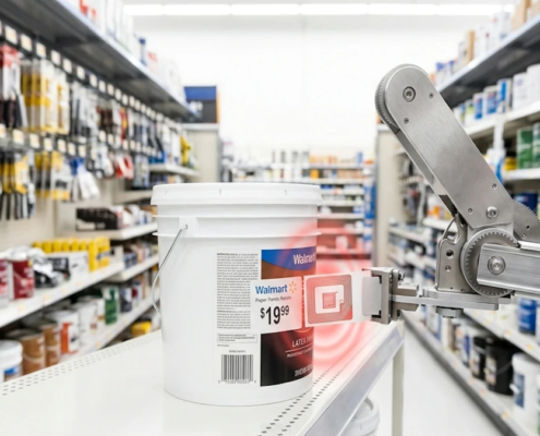 Automated robotic arm applying an RFID compliance label to a Walmart paint can with a red glowing signal aura.